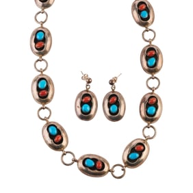 *Native American Turquoise, Coral, Silver Jewelry Suite