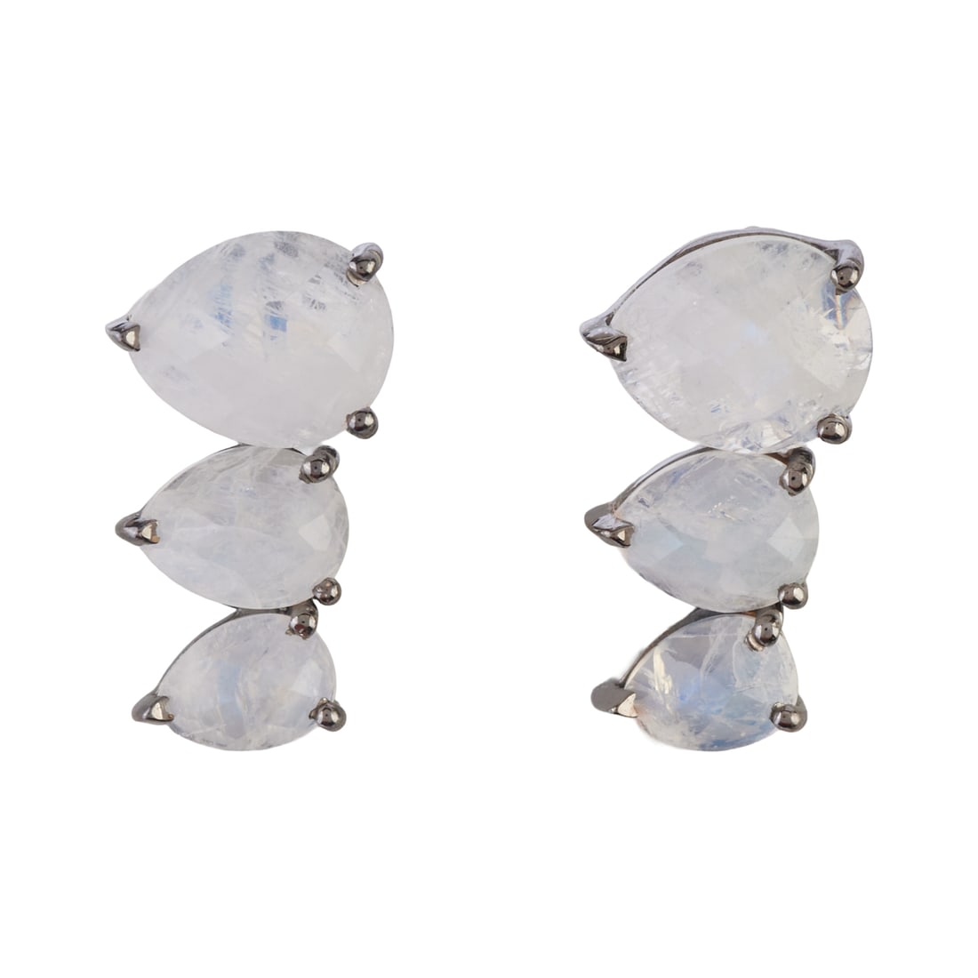 Pair of Moonstone, Oxidized Silver Earrings: Pair of Moonstone, Oxidized Silver Earrings. Each featuring three pear shaped, faceted and slightly graduated moonstones, set in an oxidized silver mounting measuring approximately 20 mm in length. {G