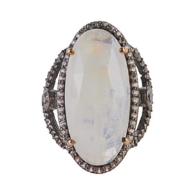 Moonstone, Colorless Topaz, Oxidized Silver Ring