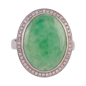 Jade, Diamond, 18k White Gold Ring