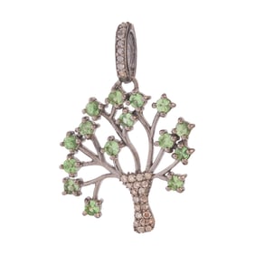 Peridot, Diamond, Oxidized Silver Tree Pendant