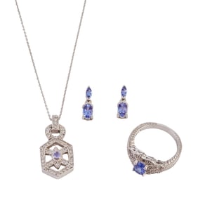 Tanzanite, Diamond, 14k White Gold Jewelry Suite