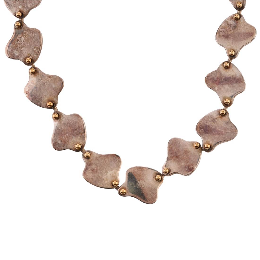 Movado Sterling Silver, 18k Yellow Gold Necklace: Movado Sterling Silver, 18k Yellow Gold Necklace. The sterling silver abstract links measuring approximately 15 mm in width, each accented by two 18k yellow gold balls, completed by a toggle clasp, fo