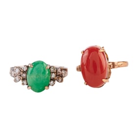 *Two Jade, Coral, Diamond, Gold Rings