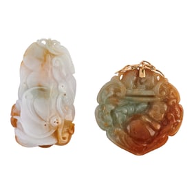 Two Carved Jadeite Jade, 14k Yellow Gold Pendants