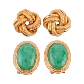 Two Pairs of Jade, 14k Yellow Gold Earrings