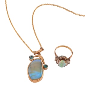 Boulder Opal, Blue Zircon, Diamond, 14k Yellow Gold Jewelry Suite