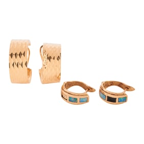 Two Pairs of Opal Inlay, 14k Yellow Gold Earrings