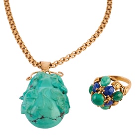 Turquoise, Lapis Lazuli, 14k Yellow Gold Jewelry Suite