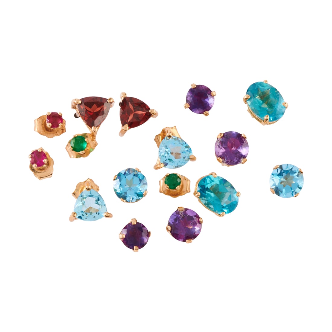Collection of Multi-Stone, Yellow Gold Stud Earrings: Collection of Multi-Stone, Yellow Gold Stud Earrings. Including three pairs of blue topaz, 14k yellow gold stud earrings; one pair of garnet, 14k yellow gold stud earrings; one two pairs of amethyst,