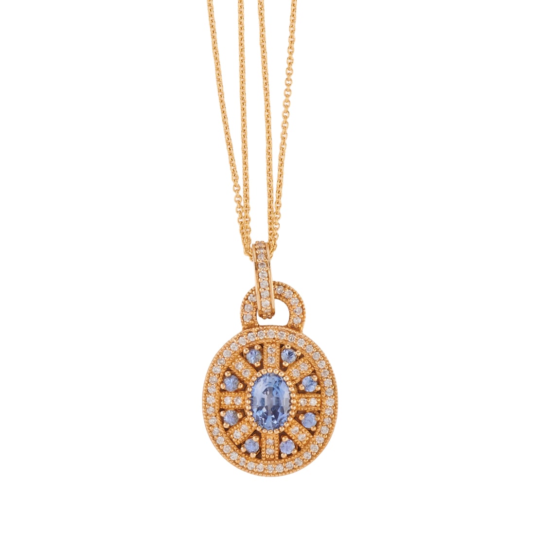 Tanzanite, Diamond, 14k Yellow Gold Pendant Necklace: Tanzanite, Diamond, 14k Yellow Gold Pendant Necklace. Centering one oval-cut tanzanite, surrounded by eight round-cut tanzanites, accented by full-cut diamonds weighing a total of approximately 0.45 c