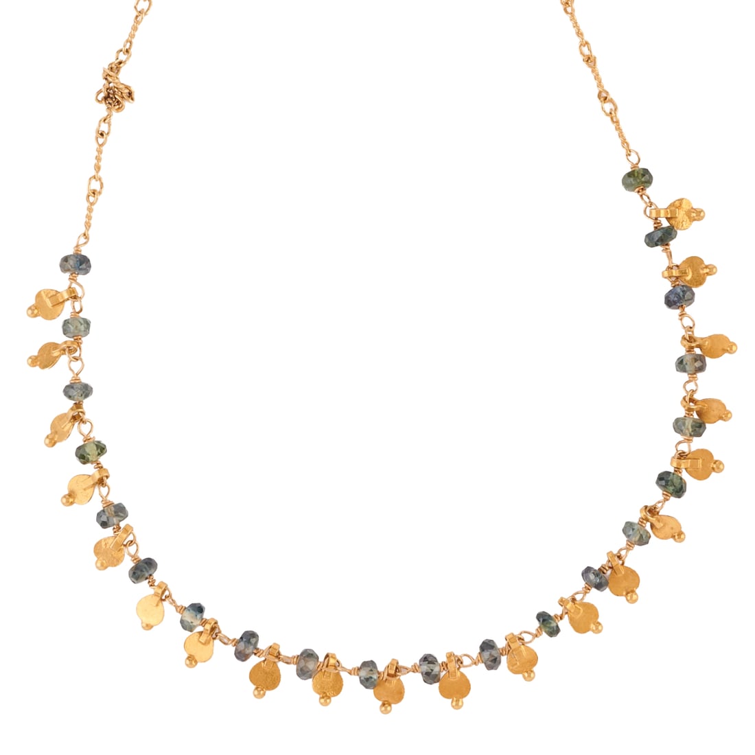Sapphire Bead, 14k Yellow Gold Necklace: Sapphire Bead, 14k Yellow Gold Necklace. Featuring several faceted sapphire beads, accented by 14k yellow gold fringe style pendants, suspended from a 14k yellow gold chain, forming a 15 1/4 inch neck