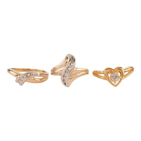 Collection of Three Diamond, Yellow Gold Rings