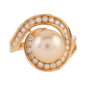 Cultured Pearl, Diamond, 14k Yellow Gold Ring