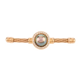 Cultured Pearl, Diamond, 14k Yellow Gold Bar Brooch