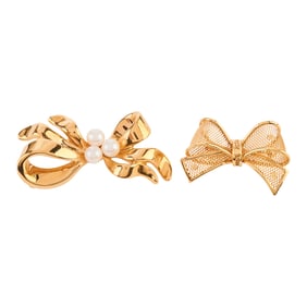 Two Cultured Pearl, 14k Yellow Gold Bow Brooches