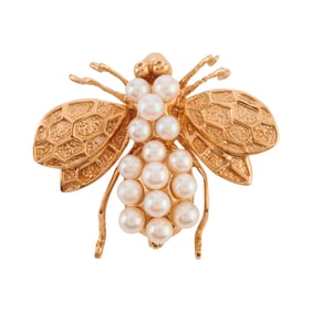 Cultured Pearl, 14k Yellow Gold Bee Brooch