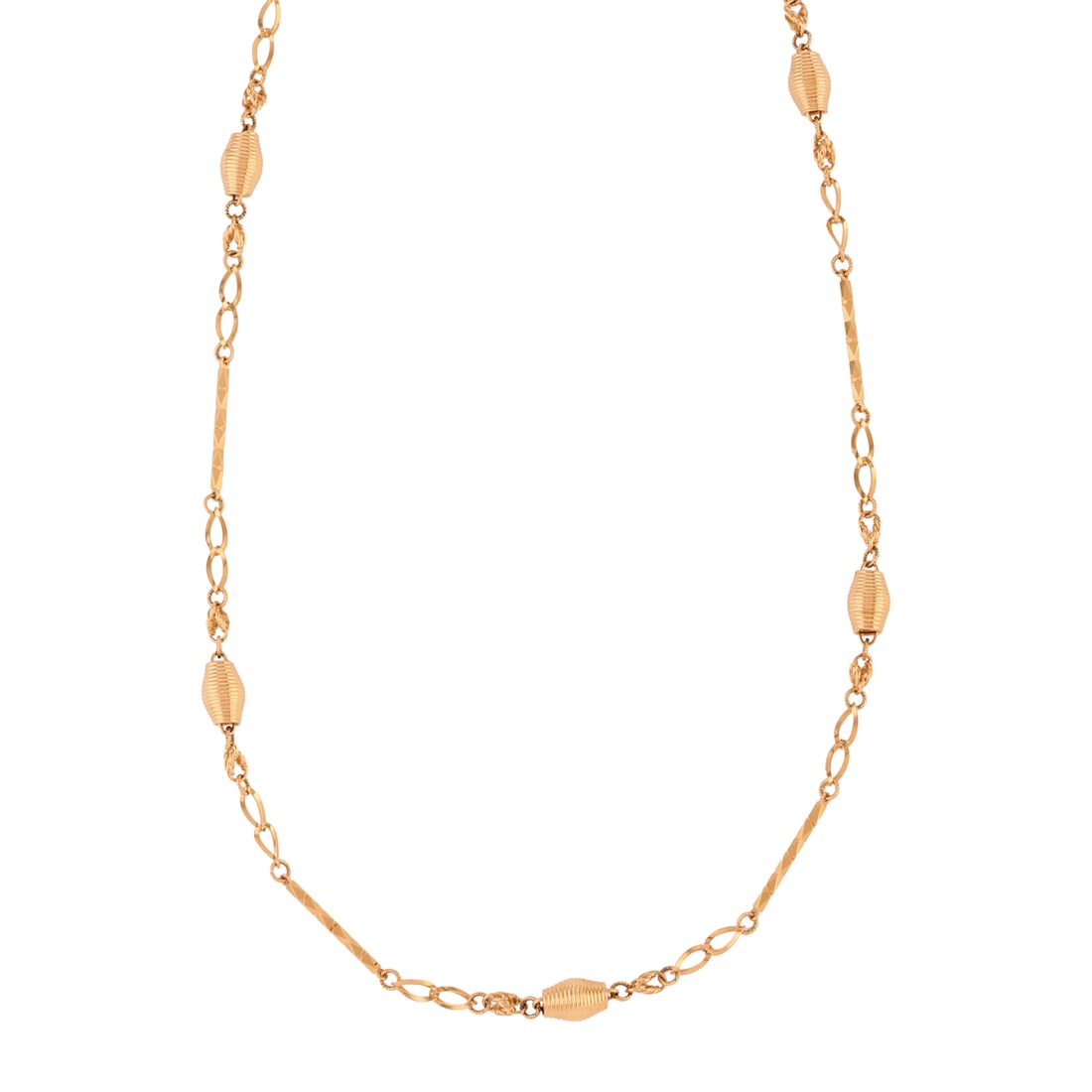 18k Yellow Gold Necklace: 18k Yellow Gold Necklace. The 18k yellow gold fancy barrel form links measuring approximately 6 mm in width, completed by a spring ring clasp, forming a 26 inch necklace. {Gross Weight: 11.8 dwts}
