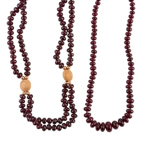 Two Garnet Bead, Diamond, 14k Yellow Gold Necklaces