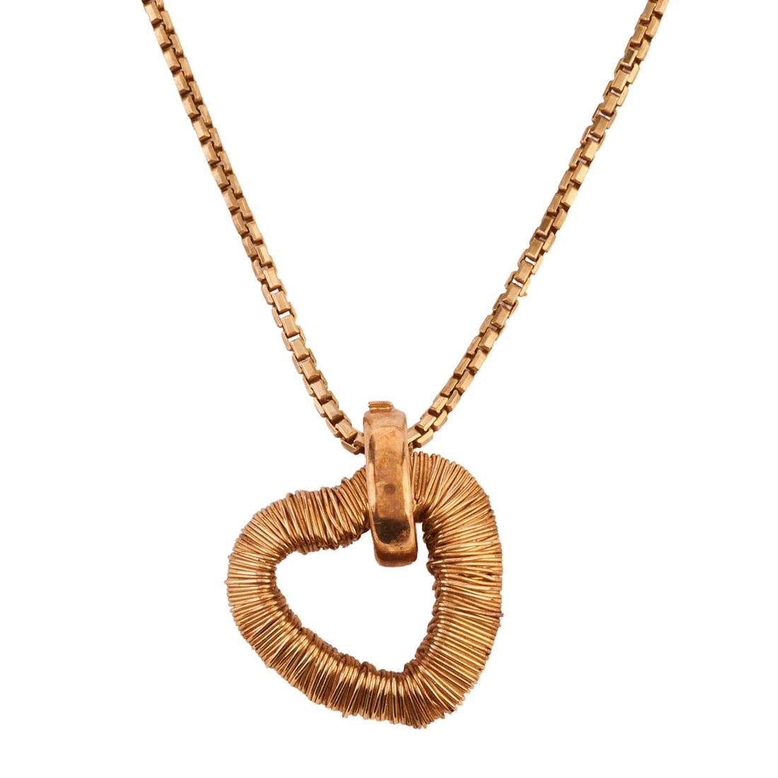14k Yellow Gold Heart Pendant Necklace: 14k Yellow Gold Heart Pendant Necklace. The 14k yellow gold wrapped wire open heart pendant measuring approximately 18 x 18 mm, suspended from a 14k yellow gold chain, forming a 17 inch necklace. {Gro