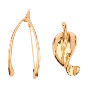Two 14k Yellow Gold Wishbone and Leaf Brooches