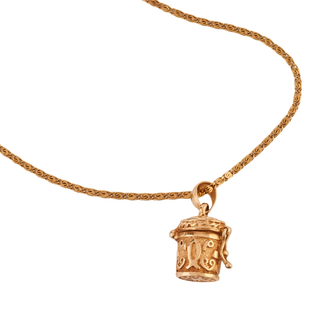 14k Yellow Gold Pendant Necklace: 14k Yellow Gold Pendant Necklace. Featuring a 14k yellow gold articulated lidded jug with figure eight safety closure, suspended from a 14k yellow gold chain, forming a 15 inch pendant necklace. {Gros