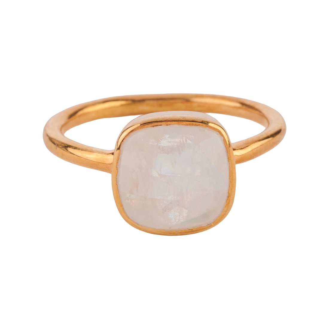 Moonstone, Vermeil Ring: Moonstone, Vermeil Ring. Featuring one square cushion shaped, faceted moonstone measuring approximately 9 x 10 mm, bezel set in a vermeil mounting. {Size: 7 3/4, Gross Weight: 2.1 dwts}