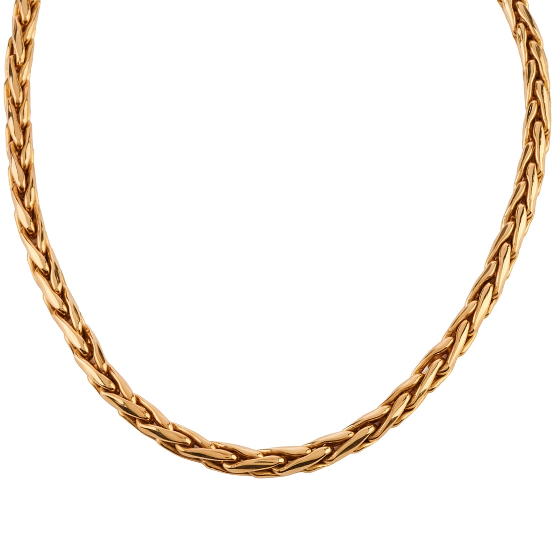 18k Yellow Gold Necklace: 18k Yellow Gold Necklace. The 18k yellow gold fancy link measuring approximately 5 mm in width, completed by a lobster claw clasp, forming a 16 inch necklace. {Gross Weight: 23.8 dwts}