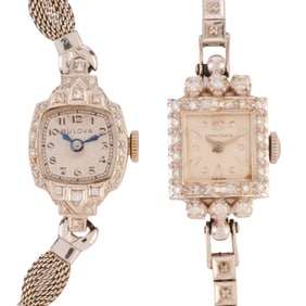 Two Vintage Ladies Diamond, 14k White Gold, Gold-Filled Wristwatches