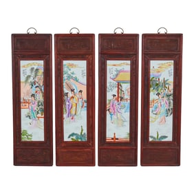 Set of Four Chinese Polychrome Porcelain Framed Panels