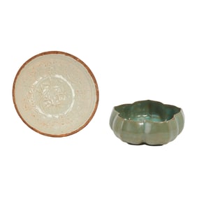 (Lot of Two) Chinese Glazed Relief Bowl and Crackle-Glazed Lobed Bowl