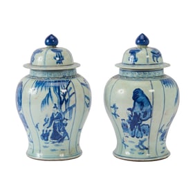 Pair of Chinese Blue and White Porcelain Temple Jars with Lids