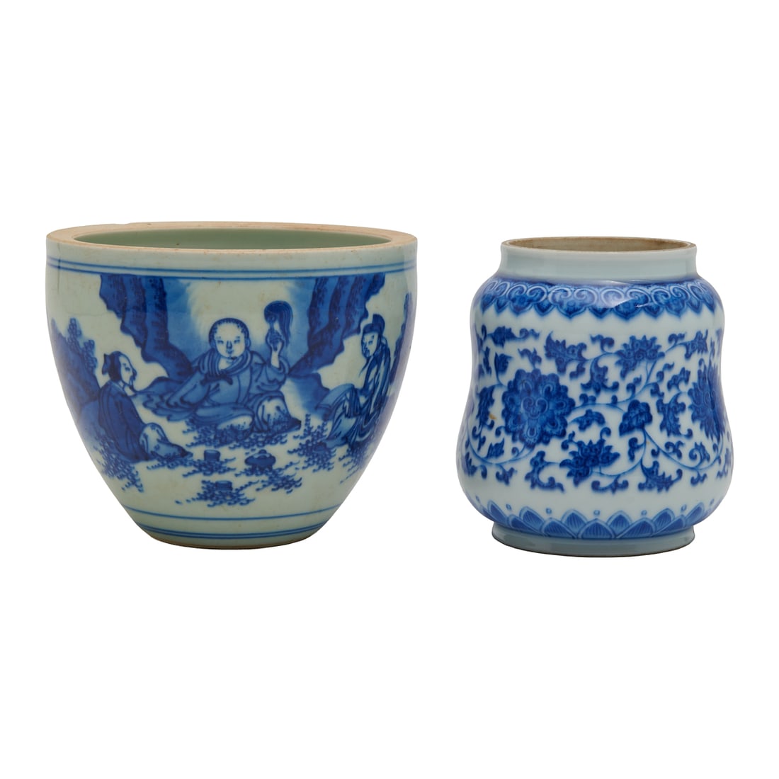 (Lot of Two) Chinese Blue and White Porcelain Jars: (Lot of Two) Chinese Blue and White Porcelain Jars.{Tallest height 4 3/8 inches (12 cm)}.