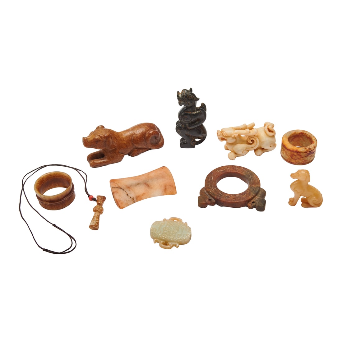 Group of Chinese Carved Jade and Hardstone Items.: Group of Chinese Carved Jade and Hardstone Items. {Largest width 5 inches}