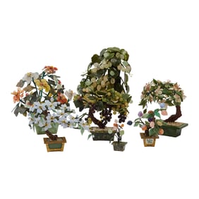 Group of Seven Chinese Jade, Hardstone, and Glass Tree on Planters