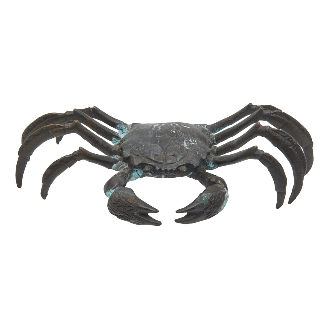 Chinese Bronze Crab: Chinese Bronze Crab. Naturalistically cast with a broad carapace and eight slender legs splayed in motion, the surface showing mottled brown and blue-green patination. The articulated claws are raised