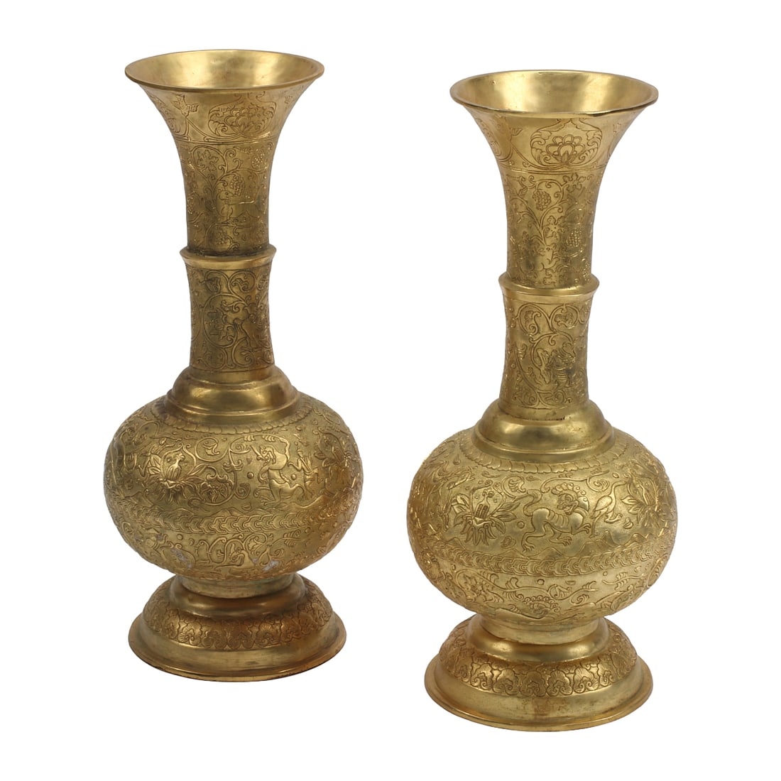 Pair of Chinese Dore Bronze Gooseneck Vases: Pair of Chinese Doré Bronze Gooseneck Vases. {Approximate dimensions: 16" H. x 6" D.}.