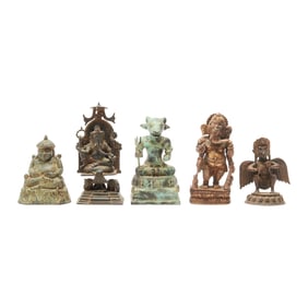 Group of Five Hindu Bronze and Metal Deities, Including Ganesha