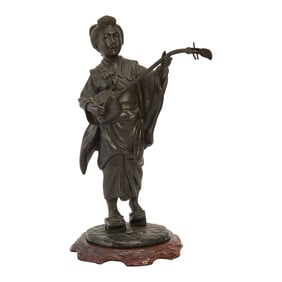 Japanese Bronze Figure of a Lady Playing a Shamisen, Signed Tsukahara