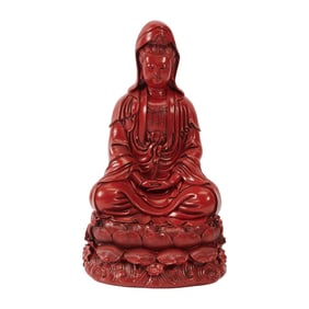 Chinese Carved Wood Cinnabar Lacquered Guanyin Figure