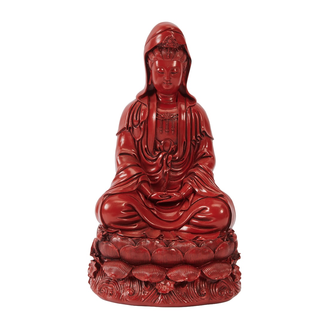 Chinese Carved Wood Cinnabar Lacquered Guanyin Figure: Chinese Carved Wood Cinnabar Lacquered Guanyin Figure. Depictinga Guanyin seated in meditation on a lotus base, carved from wood and finished with a cinnabar lacquer surface. The bodhisattva is shown