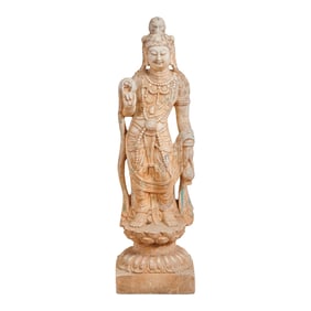 Large Chinese Carved White Stone Figure of Guanyin