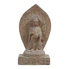 Chinese Carved Stone Standing Buddha Figure with Mandorla