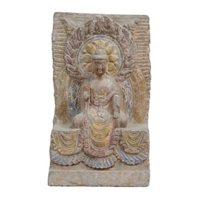 Chinese Polychrome Stone Temple Carving of a Seated Buddha