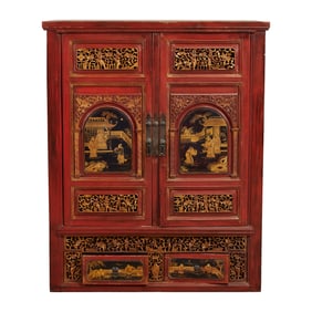 Chinese Red Painted, Carved and Lacquer Two Part Cabinet
