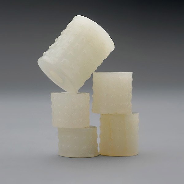 Five White Jade Beads, Han Dynasty: Five White Jade Beads, Each cylindrical-form bead carved in low relief with rows of raised dots. Han Dynasty, Longest: 7/8 inches (2.4 cm), Provenance:San Francisco private estate collection. This sup