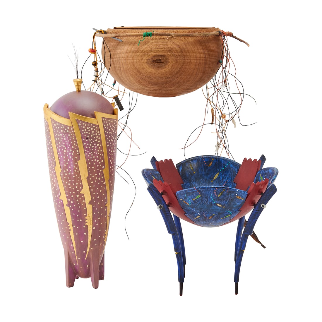 Three Michael Hosaluk Vessels including Painted, Carved and with Beads: Three Michael Hosaluk Vessels including Painted, Carved and with Beads, a quadrapodal bowl with fish decoration, a parcel gilt quadropodal covered vessel, and a "Travelling Bowl" with ornamental harpo