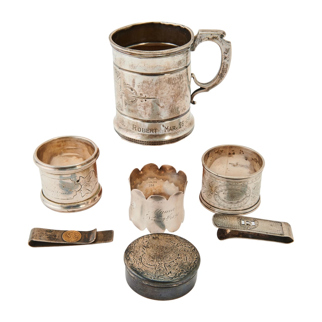 American Sterling Silver Baby Mug, Money Clips, Napkin Ring, and Box (1 of 9)