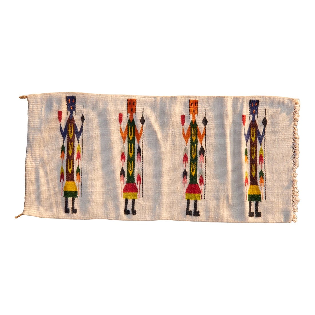 Vintage Navajo Yei Weaving: Vintage Navajo Yei Weaving, woven in cotton dyed with many colored threads, with four figures, possibly Corn Dancers. Circa 1970. Not signed.{Approximate dimensions: 1' 7" by 3' 5".}.