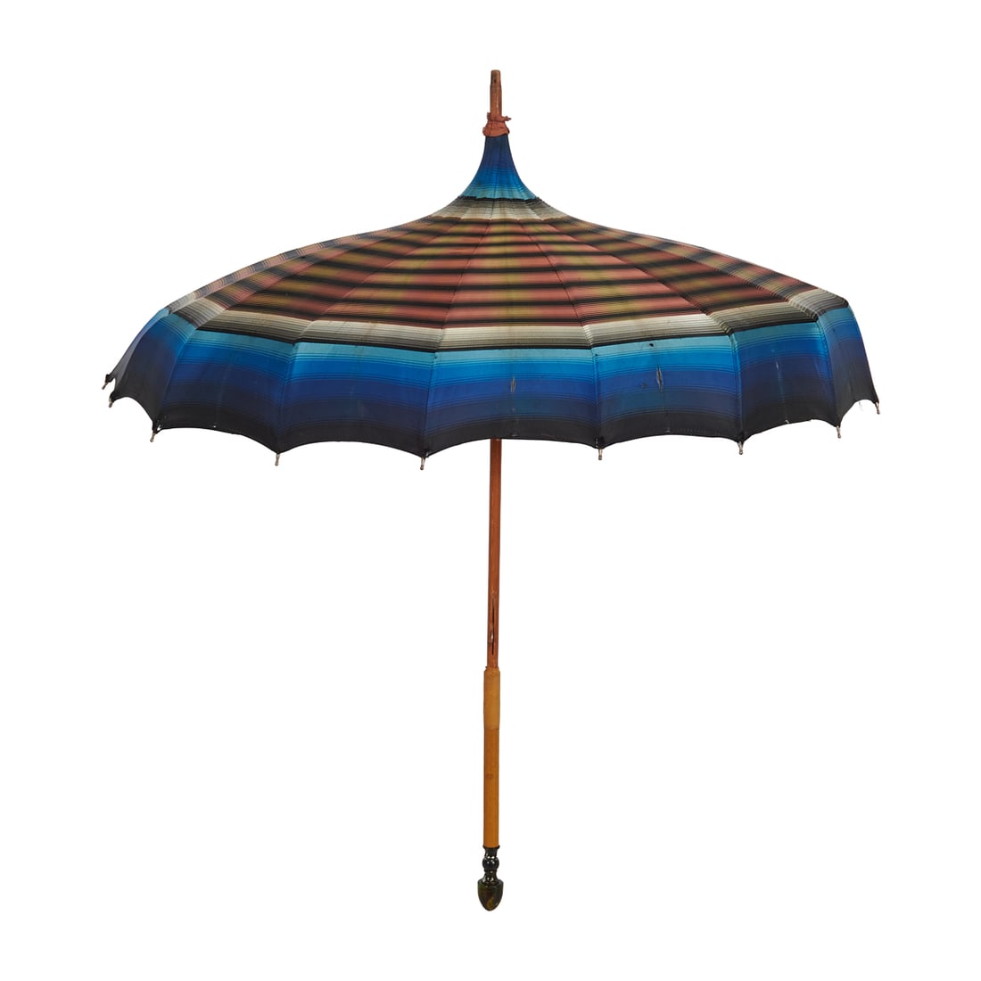 Victorian Silk Umbrella with Faux Bamboo Handle: Victorian Silk Umbrella with Faux Bamboo Handle, ombred shades of blue, brown, black, white, and red.{Approximate dimensions: 34 3/4" H. x 29 1/4" Diameter, overall.}.